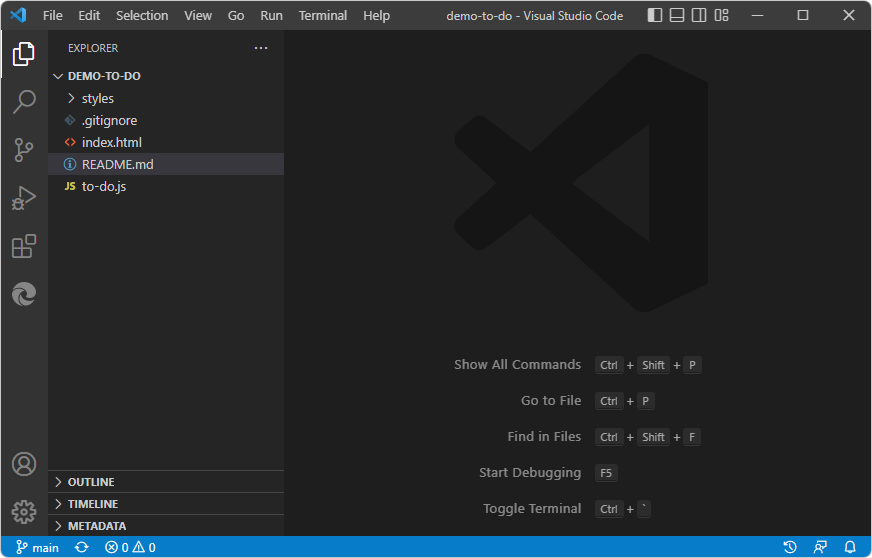 Visual Studio Code で開かれたデモから実行までのサンプル フォルダー