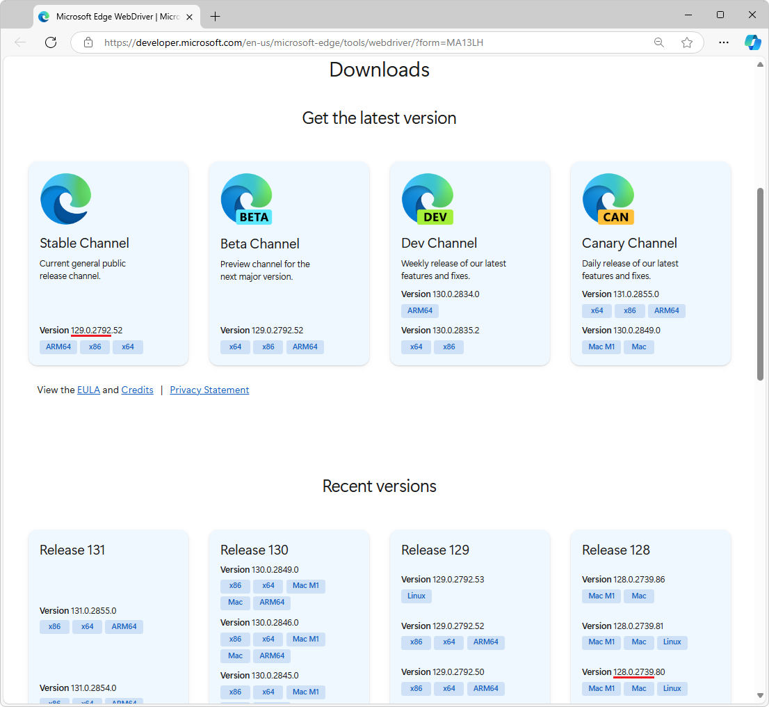 Microsoft Edge WebDriver Web ページの [最新バージョンの取得] セクション