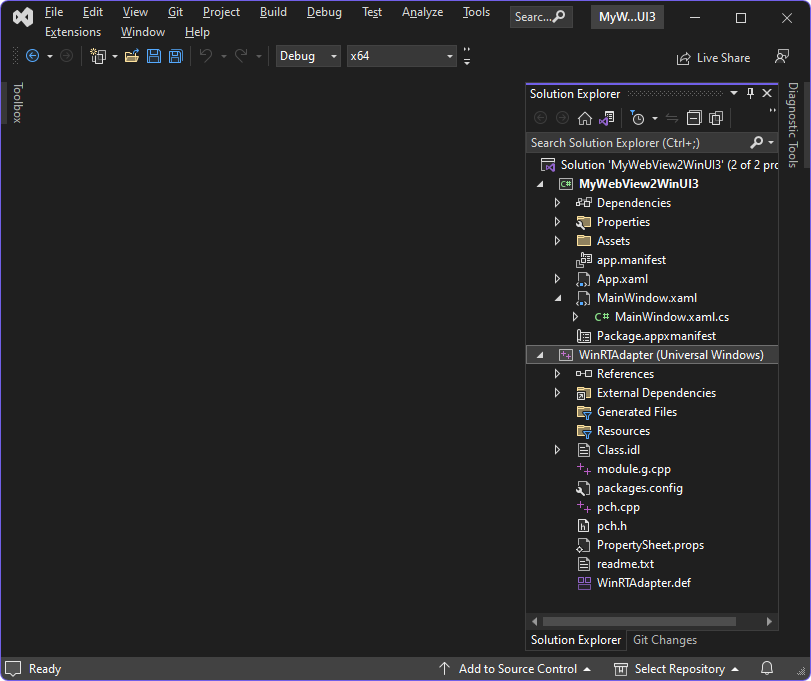 新しく作成された WinRTAdapter プロジェクト (WinUI 3 ソリューションの場合)