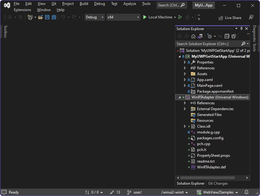 新しく作成された WinRTAdapter プロジェクト