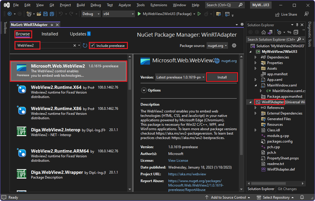 WinRTAdapter プロジェクトの WebView2 SDK パッケージを選択する NuGet パッケージ マネージャー (WinUI 3)