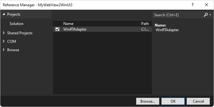 参照の追加: WinUI 3 プロジェクトの [参照マネージャー] ダイアログの [WinRTAdapter] チェック ボックス