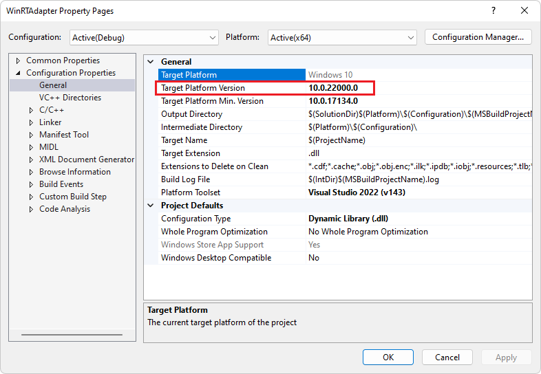 WinRTAdapter プロジェクトの構成プロパティ