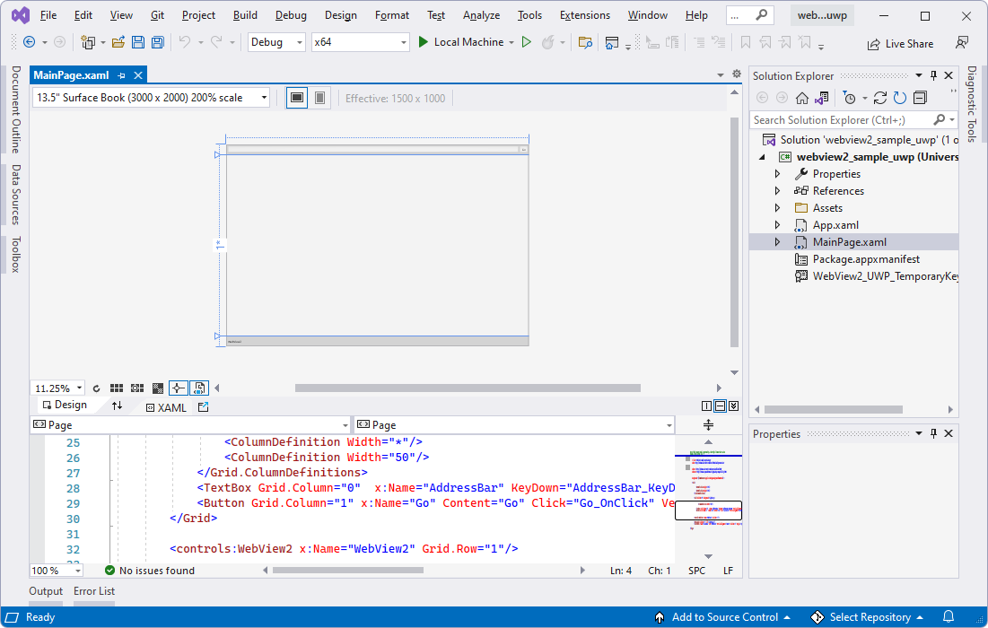 ソリューション エクスプローラーで Visual Studio で開いたwebview2_sample_uwp サンプル