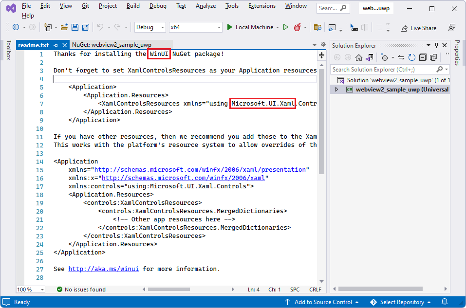 Microsoft.UI.Xaml パッケージをインストールした後の readme.txt ファイルは、WinUI NuGet パッケージをインストールしたことを報告します