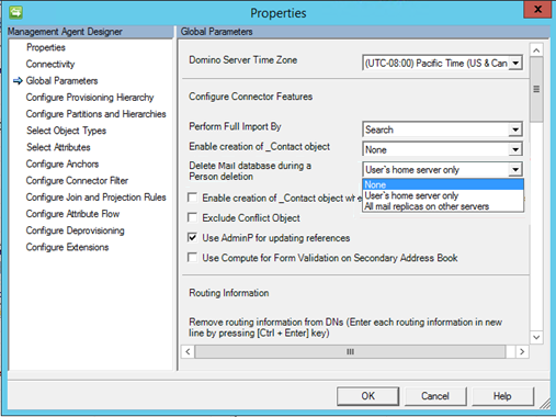 MIM Sync Notes コネクタの [グローバル パラメーター] ページ設定の [ユーザーのメールボックスの削除] のスクリーンショット