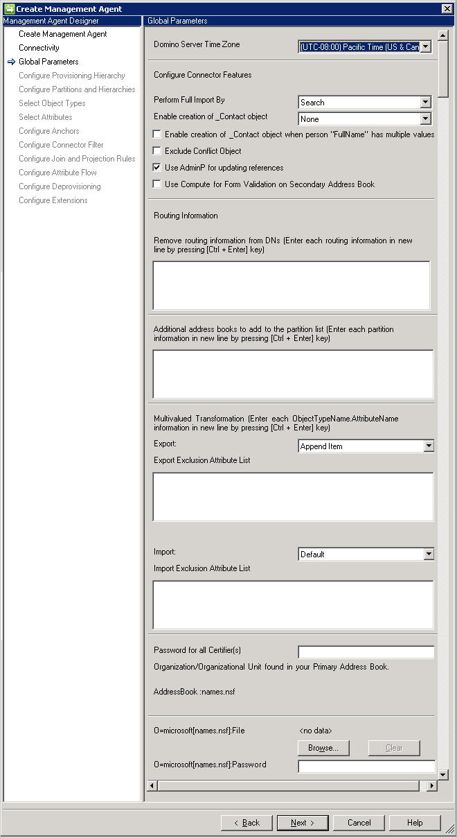 MIM Sync Notes コネクタの [グローバル パラメーター] ページのスクリーンショット