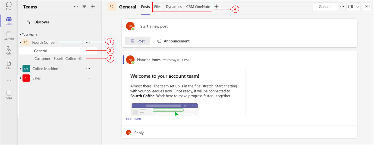 Microsoft Teams での取引先企業チームのスクリーンショット。