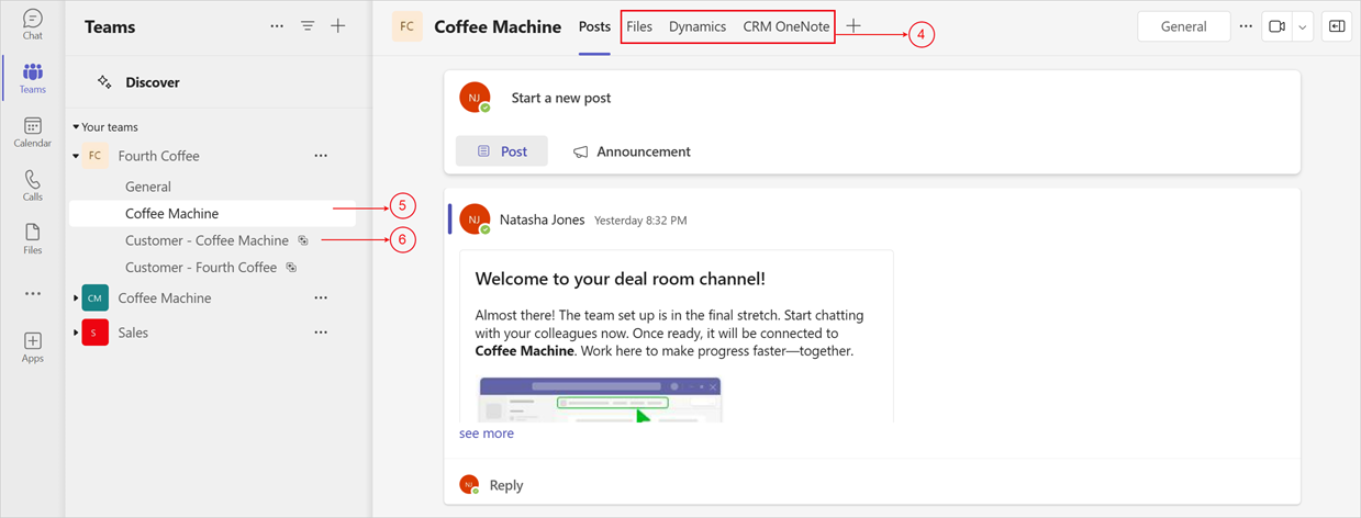 Microsoft Teams でのディール ルーム チームのスクリーンショット。