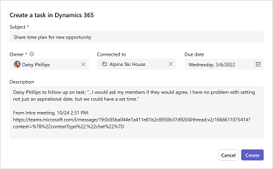 Dynamics 365 での CRM タスクの作成を示すスクリーンショット。