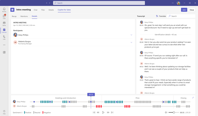 Copilot for Sales 会議の概要の詳細タブを示すスクリーンショット。