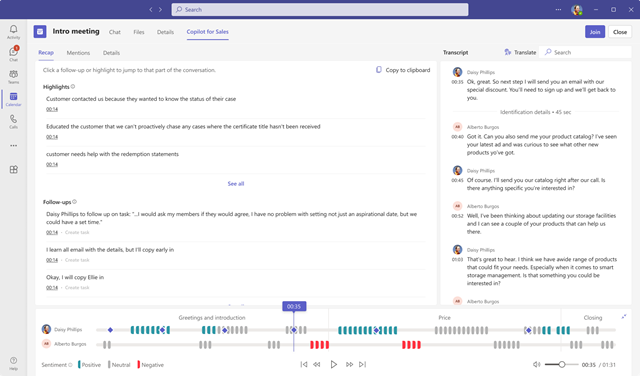 Copilot for Sales 会議の概要の [要約] タブを示すスクリーンショット。