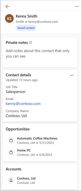 Copilot for Sales の CRM レコードの詳細ビューを示すスクリーンショット。