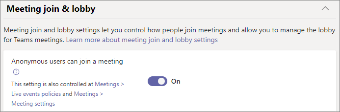 Teams 管理センターの匿名参加会議ポリシー設定のスクリーンショット。