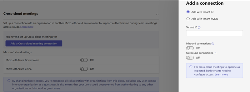Teams 管理センターでの Teams 会議のクロス クラウド設定のスクリーンショット。