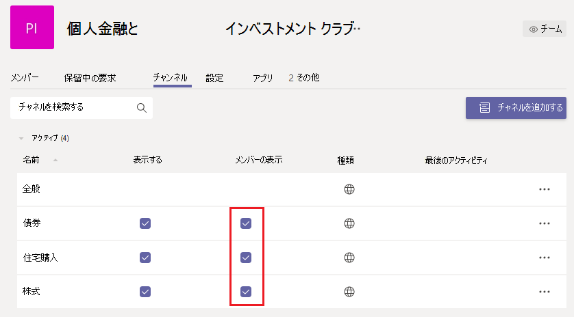 管理コンソールの [チャネル] ウィンドウを示す画面イメージ。