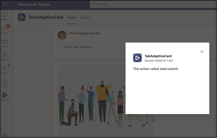 トリガーされた AdaptiveCard タスク/送信要求が表示されている Microsoft Teams のスクリーンショット。