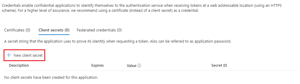 新しいクライアント シークレットを追加するために強調表示されている [新しいクライアント シークレット] オプションを示すスクリーンショット。
