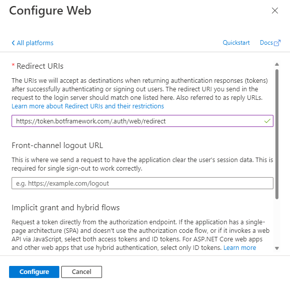 [入力を提供するように Web を構成する] ページを示すスクリーンショット。