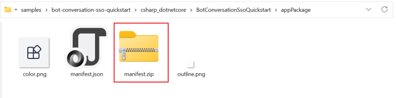 Teams Bot zip フォルダーが赤で強調表示されているマニフェスト フォルダーのスクリーンショット。