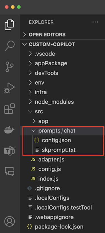 Visual Studio Code のエクスプローラーの skprompt を示すスクリーンショット。