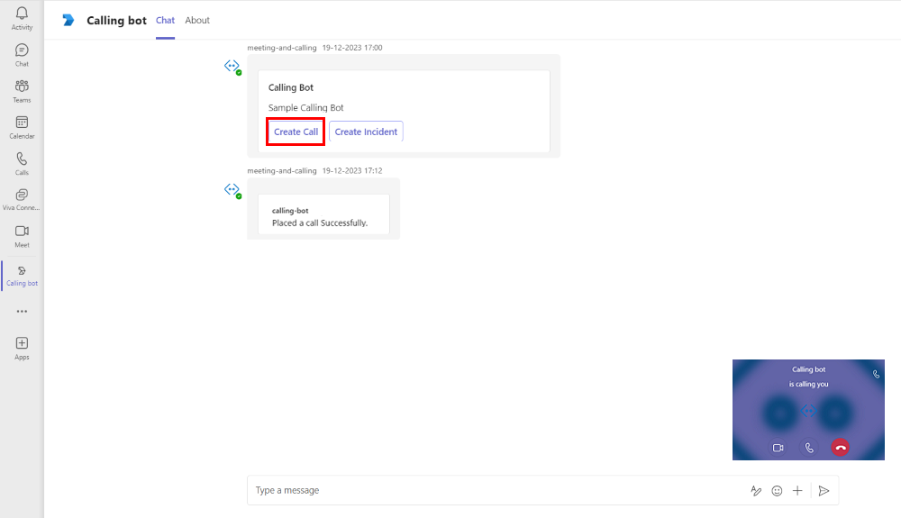 Create通話オプションが赤で強調表示された Microsoft Teams 通話ボットのスクリーンショット。最小化された通話画面が画面の右下隅に表示されます。