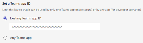 [Teams 用開発者ポータルで Teams アプリの設定] 見出しの下にある [Any Teams アプリ] と [既存の Teams アプリ] オプションを示すスクリーンショット。