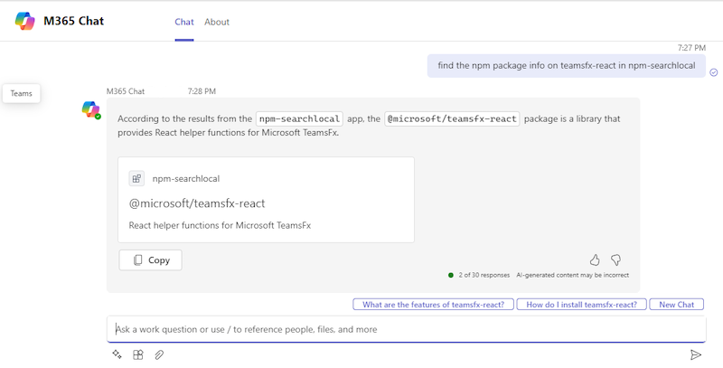 プラグイン プロンプトと Copilot for Microsoft 365 からの応答を示すスクリーンショット。