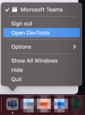 macOS ドックから DevTools を開くオプションを示すスクリーンショット。