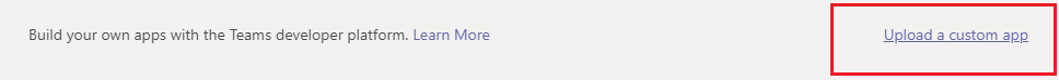 [カスタム アプリのアップロード] が赤で強調表示されている Teams アプリを示すスクリーンショット。