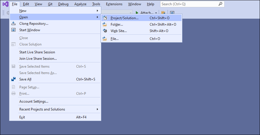 [ファイル]、[開く]、[プロジェクト/ソリューション] の各オプションが赤で強調表示されている Visual Studio のスクリーンショット。