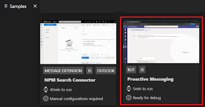 サンプルの一覧に事前構築済みのプロアクティブ メッセージング ボット サンプルを示すスクリーンショット。