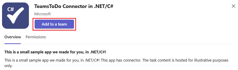 [チームに追加] が赤で強調表示されている .NET/C# の TeamsTodo コネクタのスクリーンショット。