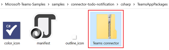 Teams コネクタが赤で強調表示されているマニフェスト フォルダーのスクリーンショット。