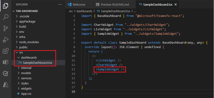 Visual Studio Code の既存の sampleDashboard ファイルを示すスクリーンショット。