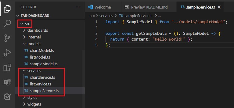 Visual Studio Code のサービス フォルダーの下sampleService.tsファイルの作成を示すスクリーンショット。