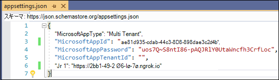 appsettings 情報を表示する appsettings JSON ファイルのスクリーンショット。