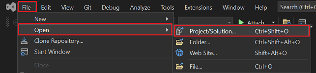 プロジェクト/ソリューションが赤で強調表示されている Visual Studio のスクリーンショット。