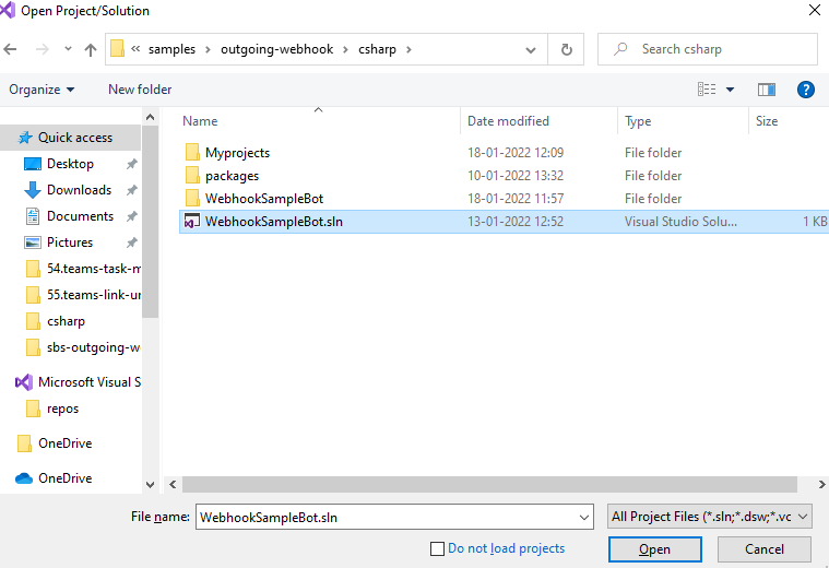 スクリーンショットは、csharp フォルダーからWebhookSampleBot.slnを選択する方法を示しています。