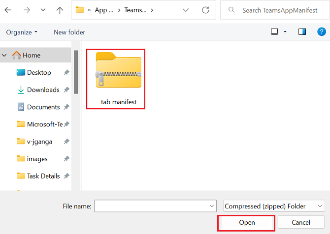 赤で強調表示された Teams Bot zip ファイルをアップロードするための [開く] オプションを含むマニフェスト フォルダーのスクリーンショット。