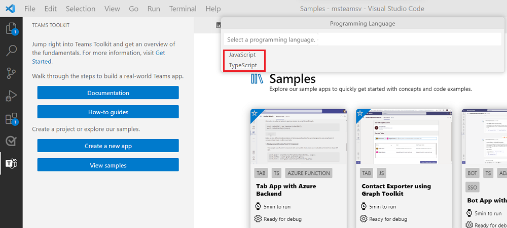 [プログラミング言語の選択] が赤で強調表示されている Teams Toolkit を示すスクリーンショット。