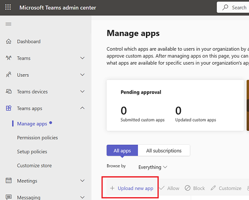 Teams 管理センターとカスタム アプリをアップロードする場所のスクリーンショット