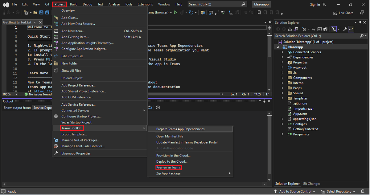 Visual Studio と Project、Teams Toolkit、およびプレビューの Teams オプションを示すスクリーンショット。