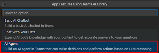 AI ライブラリ リストを使用してアプリ機能を選択するオプションを示すスクリーンショット。