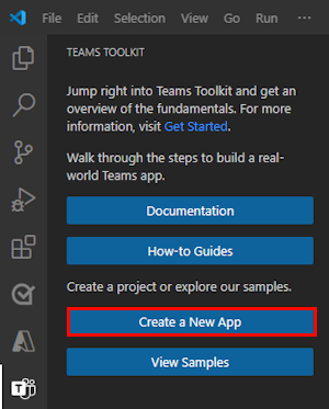 スクリーンショットは、Teams Toolkit サイドバーの [新しいプロジェクト] リンクCreateの場所を示しています。