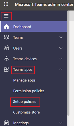 Microsoft 365 管理センターの Teams アプリの下のセットアップ ポリシーを示すスクリーンショット。