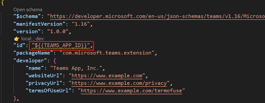 マニフェスト ファイルの Teams アプリ ID を示すスクリーンショット。