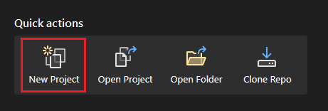 クイック アクションからの新しいプロジェクトの選択を示すスクリーンショット。