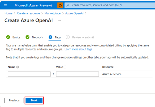 Azure Open AI タグの詳細を示すスクリーンショット。