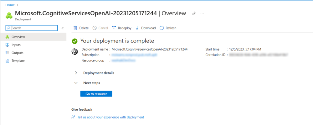 Azure Open AI のデプロイを示すスクリーンショット。